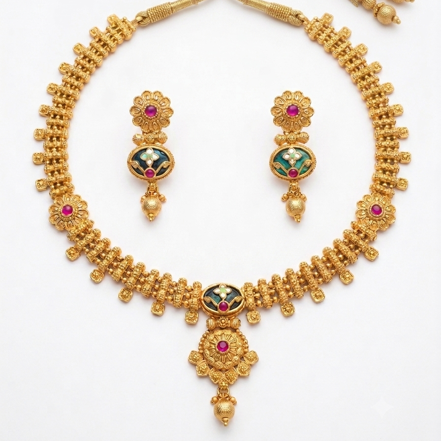 Royal Antique Gold Finish Necklace Set with Green Enamel and Pink Stones