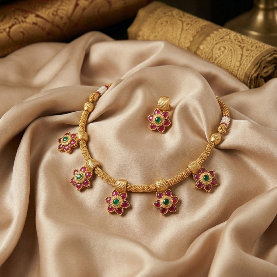 Enchanting Floral Motif Ruby & Emerald Heritage Set