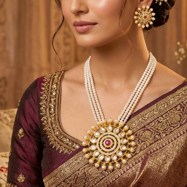 Elegant pearl and Kundan medallion pendent set