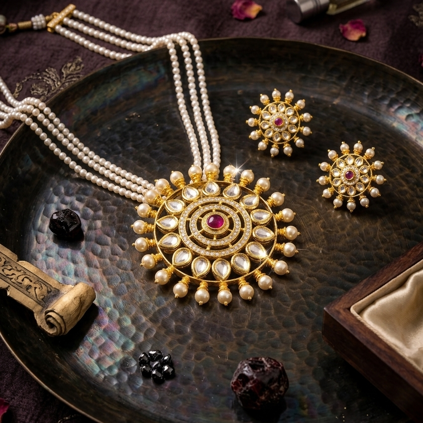 Elegant pearl and Kundan medallion pendent set