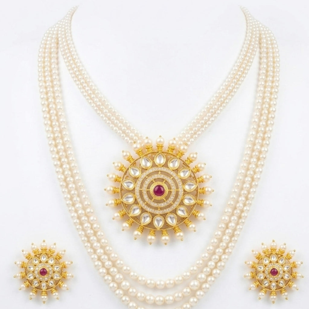 Elegant pearl and Kundan medallion pendent set