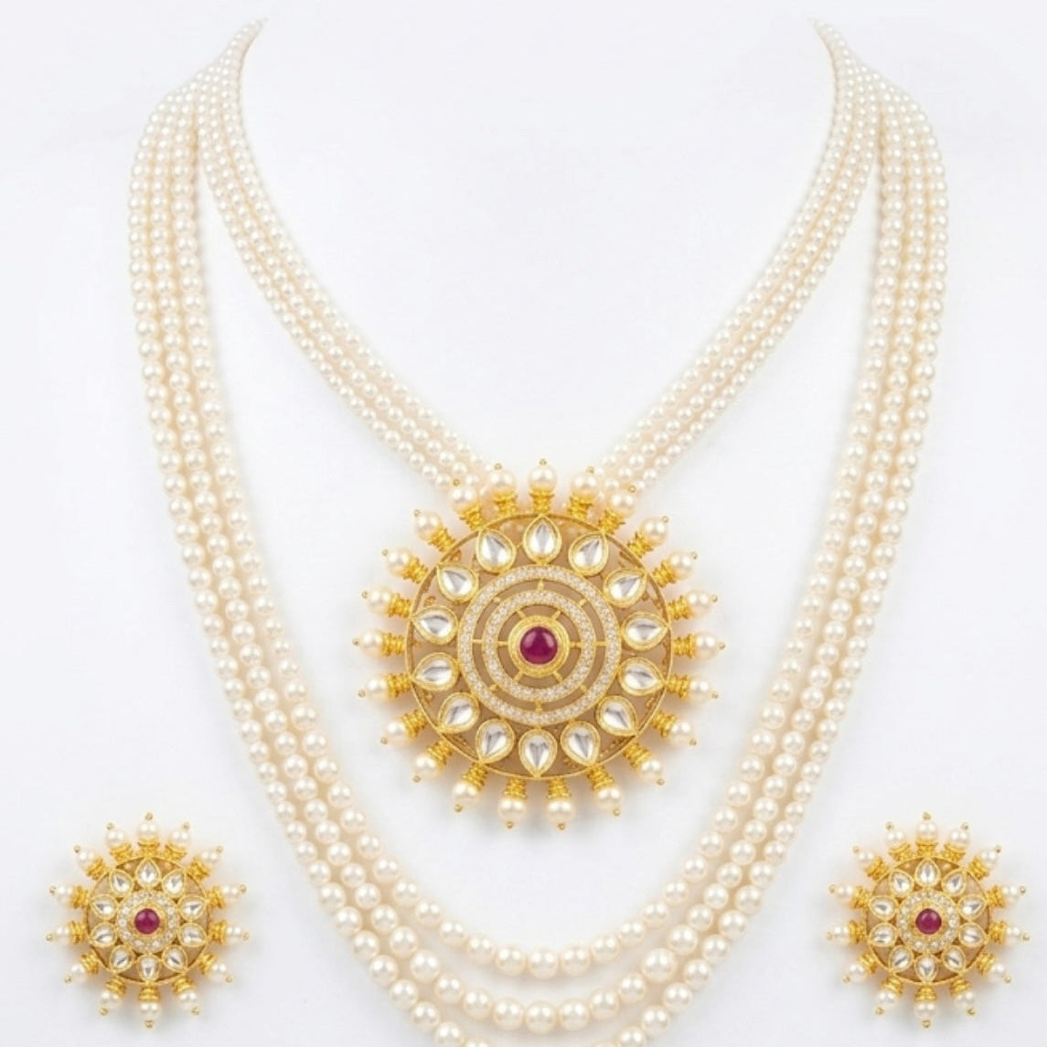 Elegant pearl and Kundan medallion pendent set