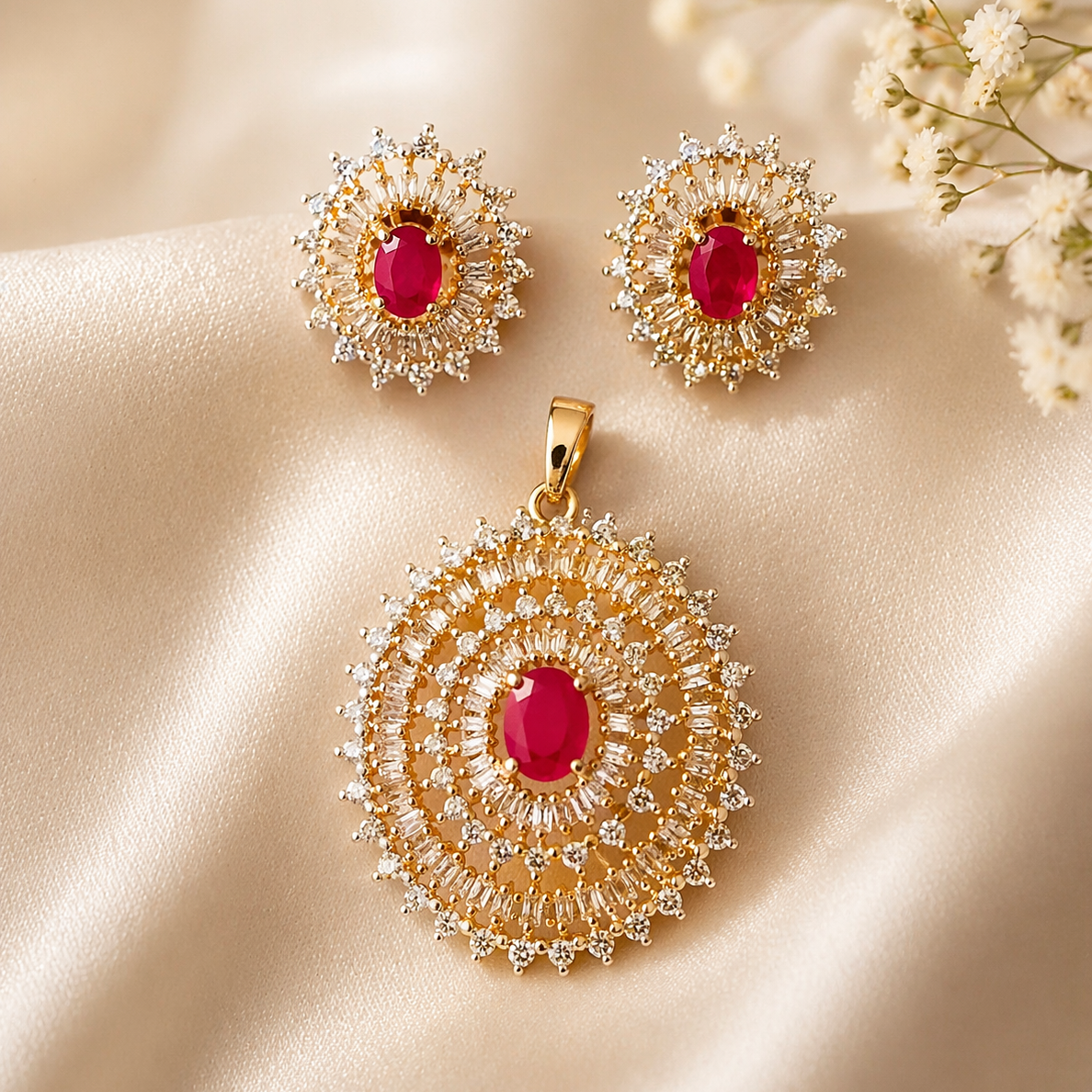 Ruby round pendent set